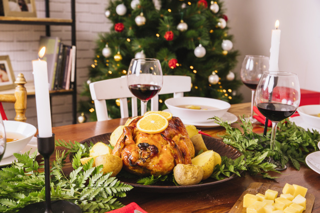 christmas dinner with turkey and glasses of wine 23 2147716324