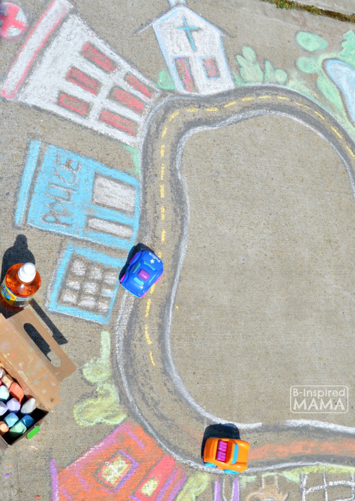 Fun and Easy Sidewalk Chalk Art for Kids to PLAY In Playing Cars in a Giant Sidewalk Chalk Town at B Inspired Mama